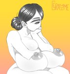 1_eye big_breasts breast_squish breasts female hair hair_bun huge_breasts nipples not_furry nude nude_female nude_humanoid orange_background simple_background sitting solo squish yellow_background geramime cyclops humanoid hi_res gynomorph_(lore)
