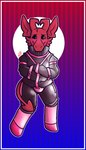 ambiguous_gender anthro asylum bdsm bondage booties bound bulge cheek_tuft facial_tuft hooves horn latex long_ears null_bulge red_body restraints solo straitjacket straps tuft wiprogress dakota_(wiprogress) demon imp nonbinary_(lore)