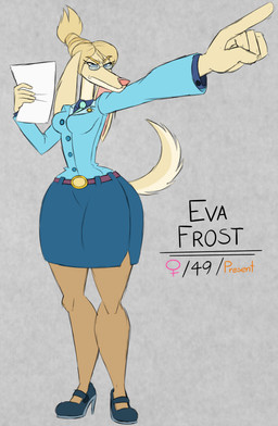 anthro belt bottomwear clothing female footwear gesture hand_gesture high_heels mature_anthro mature_female pointing poker_face shoes skirt thick_thighs blu3danny eva_frost canid canine mammal absurd_res hi_res