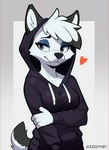 alternative_fashion anthro black_body black_clothing black_eyebrows black_fur black_hoodie black_topwear blue_eyes breasts clothed clothing emo eyebrows female female_anthro fur furgonomic_headwear furgonomic_hood furgonomics grey_background half-closed_eyes heart_symbol hoodie narrowed_eyes simple_background solo topwear white_body white_fur azoomer canid canine mammal 2023 cel_shading digital_drawing_(artwork) digital_media_(artwork) half-length_portrait hi_res portrait shaded