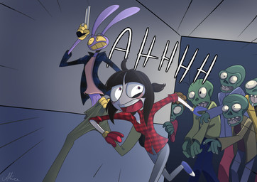 4_fingers ambiguous_gender anthro bodily_fluids caught_in_the_act clothing clothing_pull drooling female fingers group gun handgun larger_male looking_back male panicking pattern_clothing pattern_shirt pattern_topwear plaid plaid_clothing plaid_shirt plaid_topwear pulling_pants_up ranged_weapon revolver running running_away saliva screaming shirt size_difference smaller_female topwear weapon screaming_alice electronic_arts glitch_productions plants_vs._zombies popcap_games the_amazing_digital_circus jax_(tadc) pomni_(tadc) human humanoid lagomorph leporid mammal rabbit undead zombie absurd_res hi_res