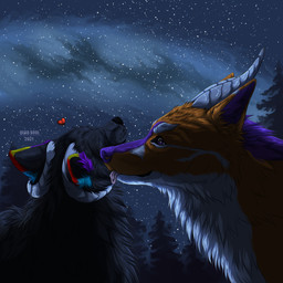 ambiguous_gender black_body black_fur cheek_tuft duo facial_tuft feral fur hair mouth_closed neck_tuft night orange_body orange_fur outside purple_eyes sky star text tongue tongue_out tuft white_body white_fur white_hair msdeadsoul canid canine mammal 1:1 2021 artist_name dated hi_res