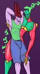 anthro bottomwear clothing duo female jojo_pose male pants purple_body red_body shirt text topwear jovi_cap jojo's_bizarre_adventure jovi_cap_(oc) lagomorph leporid mammal rabbit stand_(jjba) hi_res japanese_text