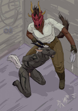 anthro belt boots bottomwear bound brown_body brown_fur brown_tail clothing detailed_background duo ears_back eyes_closed flaccid footwear forced forced_haircut fur genitals gloves grey_body grey_fur hair hair_trimming hand_on_horn hands_tied handwear hooves horn horn_grab kneeling male male/male mask nude nude_male open_mouth pants penis personal_grooming pivoted_ears red_mask shearing shirt shoes stable standing styling_hair tail teeth tongue topwear trimming_(grooming) wearing_mask white_clothing white_shirt white_tail white_topwear jeri_kleinlowe mythology bovid bovine cattle dragon mammal mythological_creature mythological_scalie scalie wingless_dragon hi_res