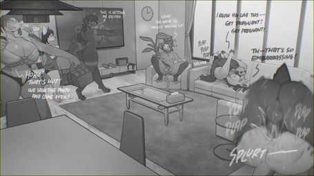anthro balls big_breasts big_butt biped blush bodily_fluids breasts butt cleavage clothed clothing cum cum_in_vagina cum_inside detailed_background dialogue electronics female female_penetrated from_front_position furniture genital_fluids genitals group inside leg_wrap lying male male/female male_penetrating mating_press multicolored_body nude on_back onomatopoeia open_mouth penetration penile penile_penetration penis sex shirt smile sofa sound_effects spread_legs spreading television text topwear vaginal vaginal_penetration sincrescent bovid canid canine caprine mammal rodent hi_res