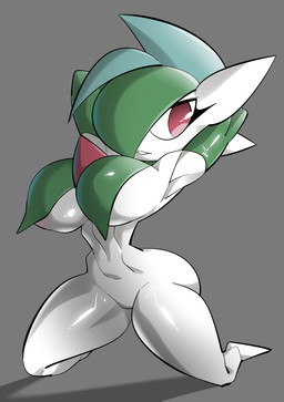 big_breasts big_butt breast_curtains breasts butt female hands_behind_head kneeling pose solo thick_thighs wide_hips monodie nintendo pokemon gallade generation_4_pokemon pokemon_(species) absurd_res hi_res