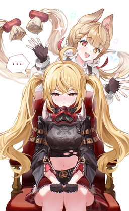 accessory ahoge animal_ears bare_legs belt black_clothing black_crop_top black_shirt black_topwear blonde_hair blush bodily_fluids bottomwear breasts clothing crop_top female fingerless_gloves fluffy_ears gloves hair hair_accessory hair_between_eyes half-closed_eyes handwear heterochromia jacket leather leather_clothing leather_jacket leather_topwear long_hair medium_breasts mouth_mask narrowed_eyes navel open_mouth pigtails red_eyes shirt shorts simple_background sitting sitting_on_armchair sparkles sparkling_eyes speech_bubble sweat teeth topwear white_background white_clothing white_shirt white_topwear yellow_eyes morudori0102 mihoyo zenless_zone_zero alice_thymefield luciana_de_montefio animal_humanoid human humanoid lagomorph lagomorph_humanoid leporid_humanoid mammal mammal_humanoid rabbit_humanoid absurd_res hi_res