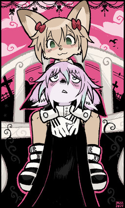 accessory alternate_species alternative_fashion anthro black_clothing black_footwear black_robe black_shoes blush brown_nose clothed clothed_anthro clothed_female clothing cross duo female female/female female_anthro fence footwear fully_clothed fully_clothed_anthro fully_clothed_female fur furrification gloves goth green_eyes grey_eyes hair hair_accessory hair_ribbon handwear looking_at_another outside pink_body pink_fur pink_hair pink_sky plant red_ribbon ribbons robe romantic romantic_couple sky tan_body tan_fur tan_inner_ear teeth white_clothing white_gloves white_handwear young young_anthro young_female chatoyancy soul_eater crona_(soul_eater) maka_albarn ambient_bird canid canine dhole mammal maned_wolf 2024 digital_drawing_(artwork) digital_media_(artwork) hi_res