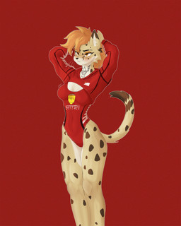 anthro black_nose brown_body brown_fur brown_spots clothed clothed_anthro clothed_female clothing curvy_figure eyebrow_slit eyebrows eyeshadow female fur hair hands_behind_head heart_(marking) hoodie hourglass_figure leotard makeup markings multicolored_body navel neck_tattoo orange_eyes orange_eyeshadow orange_hair race_queen red_clothing red_leotard shrug_(clothing) slim_anthro slim_female solo spots spotted_body standing tail tan_body tan_fur tight_clothing topwear two_tone_body radimcatt ferrari formula_1 meme_clothing natasha_(radimcatt) cheetah felid feline mammal 2026 4:5 absurd_res digital_drawing_(artwork) digital_media_(artwork) hi_res meme signature