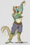 anthro clothed clothing dancing fur gerudo_outfit hair male simple_background slightly_chubby smile solo southern tail linuell breath_of_the_wild nintendo the_legend_of_zelda linuell_s'eleross sergal 2019 digital_media_(artwork) hi_res