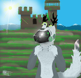 anthro antlers blade castle fluffy horn knife landscape lens_flare machine male moss mountain plant solo sun weapon thecameraman_arras protogen digital_media_(artwork)