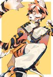 anthro black_body clothing female fur hair multicolored_body multicolored_fur multicolored_hair orange_body orange_fur orange_hair solo striped_hair white_body white_fur white_hair imaspacebar arknights hypergryph studio_montagne waaifu_(arknights) felid mammal pantherine tiger