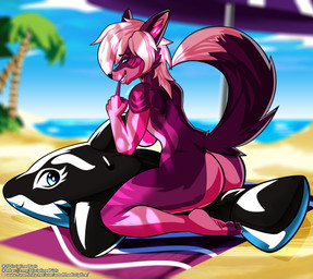 animal_pool_toy anthro arm_markings beach butt female fur heart_(marking) heart_on_body heart_symbol inflatable inflatable_ride inflatable_support looking_at_viewer markings on_pool_toy pool_toy seaside shoulder_markings smile solo straddling artofthediscipline aquatic canid canine canis cetacean dolphin inanimate_object mammal oceanic_dolphin orca toothed_whale wolf absurd_res hi_res