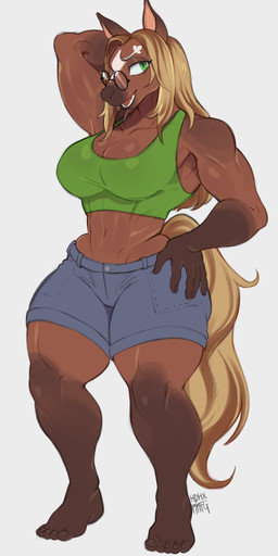 abs anthro big_breasts biped blonde_hair bottomwear bra breasts clothed clothed_female clothing eyewear female freckled_breasts freckled_face freckles front_view glasses green_eyes hair hand_on_hip midriff muscular muscular_anthro muscular_female round_glasses shorts sports_bra thick_thighs underwear wearing_glasses hdhxrrfg equid equine horse mammal absurd_res hi_res