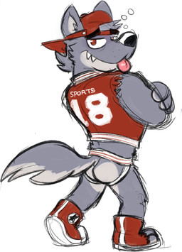 anthro backwards_baseball_cap backwards_hat baseball_cap butt clothed clothing drunk fur grey_body grey_fur hat headgear headwear jacket jockstrap letterman_jacket looking_back male number pantsless partially_clothed presenting presenting_hindquarters red_letterman_jacket sharp_teeth simple_background sleeveless_shirt solo sports_jersey substance_intoxication teeth text tongue tongue_out topwear torn_clothing underwear werebro_brad white_background goronic mythology canid canine mammal mythological_canine mythological_creature werecanid werecanine werecreature werewolf english_text hi_res