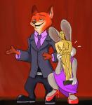 2017 4_fingers academy_awards anthro award bomberhead67 canid canine clothed clothing disney duo female fingers fox fur hi_res holding_award holding_object holding_oscar_statuette judy_hopps lagomorph larger_male leporid male mammal nick_wilde oscar_statuette rabbit red_fox size_difference smaller_female true_fox zootopia