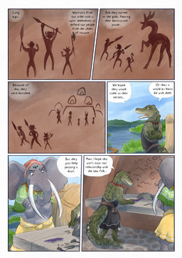 5_fingers anthro clothed clothing day dialogue dialogue_box fingers grass green_body grey_body open_mouth plant proboscis_(anatomy) river silhouette speech_bubble tail text trunk_(anatomy) village water bjekkergauken mythology isilo_(bjekkergauken) crocodilian elephant elephantid mammal proboscidean reptile scalie 2026 colored comic english_text hi_res