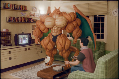 abs anthro biceps big_muscles clothed clothing deltoids duo huge_muscles hyper hyper_muscles inside male membrane_(anatomy) membranous_wings muscular muscular_male pecs quads size_difference striated_muscles thong thong_only topless trapezius underwear underwear_only wings anyveon nintendo nintendo_entertainment_system pokemon tetris charizard generation_1_pokemon human mammal pokemon_(species) 3:2 3d_(artwork) digital_media_(artwork) hi_res