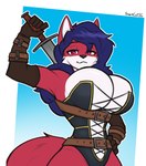 anthro belt big_breasts blue_hair breasts clothing corset drawing_sword female fur gloves hair handwear huge_breasts lingerie looking_at_viewer melee_weapon red_body red_eyes red_fur solo sword sword_on_back topwear weapon white_body white_fur sharkcatsg the_witcher rexi_awoosuko_(devildjmachine) canid canine fox mammal absurd_res hi_res