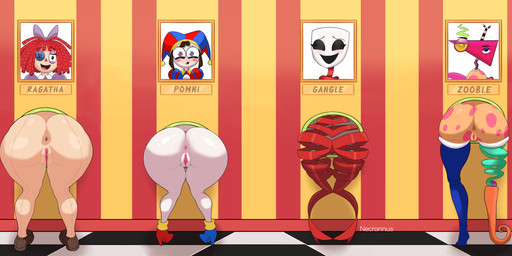 anus big_butt brown_clothing brown_footwear brown_shoes bubble_butt butt clothing doll female footwear genitals glistening glistening_body glistening_butt glistening_skin group high_heels huge_butt huge_hips huge_thighs light-skinned_female light_body light_skin lineup markings not_furry nude nude_female orange_body orange_skin pink_body pink_skin pink_spots plump_labia rag_doll_(toy) red_body shoes spots spotted_body spotted_skin text thick_thighs through_wall vulva white_body white_skin wide_hipped_female wide_hips necronnus third-party_edit glitch_productions the_amazing_digital_circus gangle_(tadc) pomni_(tadc) ragatha_(tadc) zooble_(tadc) animate_inanimate fabric_creature human humanoid living_doll living_toy mammal unknown_species absurd_res hi_res