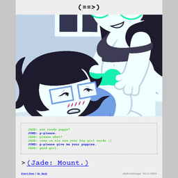 animal_genitalia animal_penis anthro bdsm begging black_hair blush blush_lines bottomless breasts buckteeth canine_genitalia canine_penis clothed clothed_female clothing comic_panel crop_top dialogue duo eyewear female genitals glasses good_girl gynomorph hair hand_on_butt intersex intersex/female lipstick long_hair makeup pajamas pantsless penis penis_on_butt petplay puppyplay roleplay shirt short_hair tail teeth text topwear white_body ashleyorange homestuck ms_paint_adventures jade_harley june_egbert canid canine human humanoid hybrid mammal 1:1 animated animated_comic comic english_text hi_res incest_(lore) sibling_(lore) sister_(lore) sisters_(lore) trans_(lore) trans_woman_(lore)