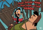 angry black_hair bound bridge clothed clothing dialogue duo hair humor male open_mouth outside rope rope_bridge suspension text yellogre disney image_comics invincible_(image_comics) the_emperor's_new_groove think_mark_think! kuzco pacha_(the_emperor's_new_groove) patcha camelid human llama mammal 2021 english_text meme signature