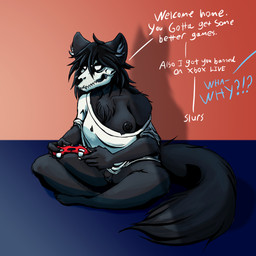 anthro big_breasts black_body black_fur black_hair bone breasts clothed clothing female fur girlfailure hair neet nipples simple_background skull skull_head solo text alkalinearts scp_foundation scp-1471-a canid canine malo mammal 1:1 digital_media_(artwork) english_text