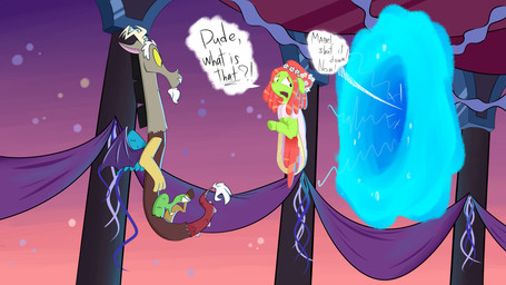 blue_body blue_feathers dreadlocks duo feathered_wings feathers female hair male membrane_(anatomy) membranous_wings on_model portal text wings unknown_artist disney friendship_is_magic gravity_falls hasbro my_little_pony discord_(mlp) tree_hugger_(mlp) chimera draconequus earth_pony equid equine horse mammal pony 16:9 absurd_res crossover english_text hi_res widescreen