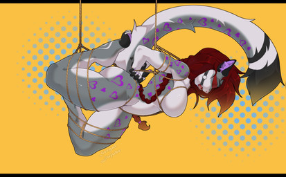 anthro arms_tied ball_gag bdsm big_breasts biped black_bars blindfold bondage bound breasts butt claws female fur gag gagged grey_body grey_fur hair hands_behind_back heart_(marking) huge_breasts inner_ear_fluff legs_tied long_hair long_tail markings nude piercing pink_nose purple_markings red_ball_gag red_hair restraints rope rope_bondage rope_harness simple_background solo submissive submissive_female suspension tail thick_thighs tuft white_body white_claws white_fur sergaljujube felid feline mammal digital_media_(artwork) hi_res letterbox