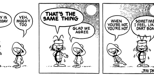 4_panel_comic antennae_(anatomy) anthro bodily_fluids clothing dialogue duo hat headgear headwear heat_(temperature) humor male simple_background sun sweat talking_to_another text jim_davis_(artist) gnorm_gnat_(series) jim_davis public_domain gnorm_gnat_(character) lyman_(gnorm_gnat) arthropod gnat insect unknown_species 1973 20th_century absurd_res ancient_art artist_name black_and_white english_text hi_res monochrome