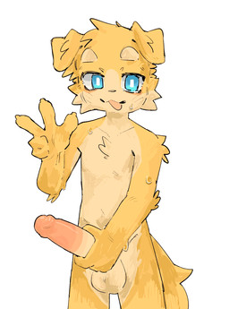anthro arm_tuft balls big_penis blue_eyes bodily_fluids chest_tuft elbow_tuft erection facial_tuft floppy_ears fur genitals gesture hand_gesture holding_penis humanoid_genitalia humanoid_penis looking_at_viewer male male_anthro nude_anthro nude_male penis red_penis shoulder_tuft simple_background solo standing sweat tan_balls tan_body tan_fur tan_penis tongue tongue_out tuft v_sign white_background yellow_body yellow_fur young young_anthro young_but_hung young_male regcron crowl_(regcron) canid canine canis domestic_dog mammal 2026 hi_res portrait three-quarter_portrait