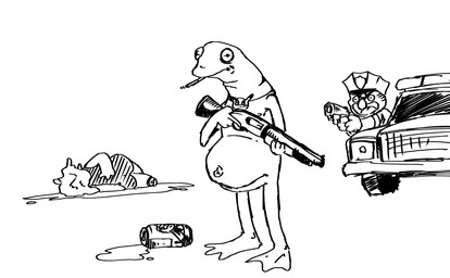 alcohol anthro beer beverage female group gun male overweight police police_baton police_officer ranged_weapon shotgun smoking trio weapon eisbox family_guy_death_pose muppets kermit_the_frog meme