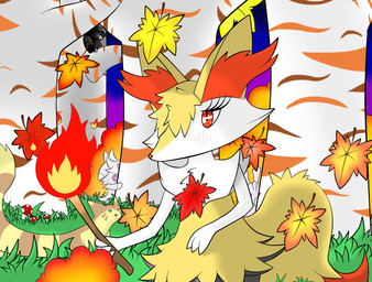 ambiguous_gender anthro fire fungus group inner_ear_fluff leaf mushroom plant red_eyes stick tree tuft sleepyheadjolteon nintendo pokemon braixen canid canine espurr furret generation_2_pokemon generation_6_pokemon goomy mammal murkrow pokemon_(species) hi_res