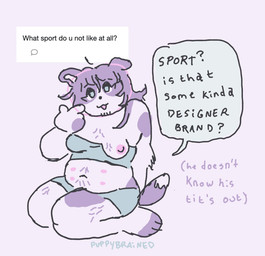 6_nipples anthro belly belly_hair belly_nipples blue_eyes body_hair breasts dialogue female fur hair half-closed_eyes kneeling light_body light_fur looking_at_viewer multi_nipple multicolored_body multicolored_fur narrowed_eyes nipples overweight overweight_anthro purple_hair question questions_and_answers solo talking_to_viewer text two_tone_body two_tone_fur puppybrained canid canine canis domestic_dog mammal 2023 artist_name digital_media_(artwork) english_text full-length_portrait hi_res portrait sketch trans_(lore) trans_man_(lore)