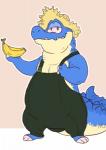 anthro banana blue_body clothing food fruit hat headgear headwear male overalls plant simple_background solo straw_hat eclipticafusion link's_awakening nintendo the_legend_of_zelda sale_(tloz) alligator alligatorid crocodilian reptile scalie 2019