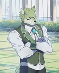 anthro black_nose blue_eyes clothed clothing crossed_arms detailed_background eyebrows eyewear fully_clothed fur glasses gloves green_body green_fur handwear jewelry kemono looking_aside male multicolored_body multicolored_fur outside plant shirt shrub solo standing topwear two_tone_body two_tone_fur white_body white_eyebrows white_fur shiken1219 knights_college celio_delatorre canid canine canis domestic_dog mammal 2021 absurd_res digital_drawing_(artwork) digital_media_(artwork) hi_res portrait three-quarter_portrait