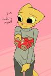 anthro blush clothing embarrassed female fur gift holding_gift holding_object holidays looking_aside nervous simple_background smile solo standing sweater text topwear yellow_body yellow_fur filthypally microsoft prequel_adventure the_elder_scrolls valentine's_day katia_managan felid khajiit mammal 2018 digital_media_(artwork) english_text