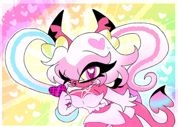 armwear back_wings big_breasts black_lips blue_highlights bottomwear breasts cleavage clothed clothing elbow_gloves electronics female gloves hair handwear heart_catchlight heart_symbol highlights_(coloring) holding_microphone holding_object horn horn_markings lips looking_at_viewer markings microphone midriff not_furry one_eye_closed open_mouth pink_armwear pink_body pink_bottomwear pink_clothing pink_elbow_gloves pink_eyes pink_gloves pink_handwear pink_highlights pink_skin pink_skirt pink_topwear pupils purple_pupils rainbow_background side_slit_skirt simple_background skirt solo spade_tail sparkles sparkling_armwear sparkling_bottomwear sparkling_clothing sparkling_elbow_gloves sparkling_gloves sparkling_handwear sparkling_skirt sparkling_topwear star_(marking) tail topwear twintails_(hairstyle) white_hair wings wink winking_at_viewer yellow_sclera cyrilwolff hellaverse helluva_boss verosika_mayday demon horned_humanoid humanoid succubus tailed_humanoid winged_humanoid 2024 hi_res