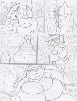 anthro axe belly big_belly big_breasts breasts clothing cloud crop_top electricity female gloves grass hair handwear hat headgear headwear huge_breasts jacket lightning magic obese obese_anthro obese_female one_eye_obstructed overweight overweight_anthro overweight_female plant sculpture shirt shocked solo statue storm_cloud teeth topwear tree weapon weight_gain virus-20 june_coyote canid canine canis coyote mammal 2022 comic sketch traditional_media_(artwork)