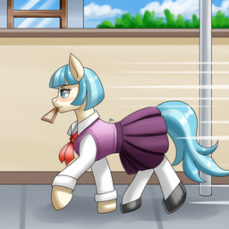 bangs blue_eyes blue_hair blue_tail blush bottomwear bread clothing eat_and_run female feral food footwear hair half-closed_eyes hallway mouth_hold narrowed_eyes ribbons running school_uniform shoes skirt solo tail tan_body toast toast_of_tardiness uniform zachc friendship_is_magic hasbro my_little_pony coco_pommel_(mlp) earth_pony equid equine horse mammal pony 1:1 hi_res