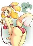 anthro bent_over big_breasts big_butt bikini breasts butt clothed clothing collar female fur hair holding_leash holding_object leash looking_at_viewer looking_back open_mouth rear_view solo standing swimwear thick_thighs tongue two-piece_swimsuit wide_hips yellow_body yellow_fur firekitty animal_crossing nintendo isabelle_(animal_crossing) canid canine canis domestic_dog mammal shih_tzu toy_dog