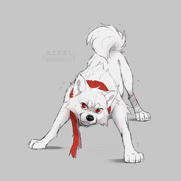 black_nose cheek_tuft curled_tail eyebrows facial_tuft feral fur grey_background male monotone_body monotone_fur mostly_nude red_eyes red_scarf scarf scarf_only simple_background solo standing tail teeth tuft white_body white_eyebrows white_fur azzai akita canid canine canis domestic_dog mammal spitz 1:1 2021 colored colored_sketch digital_drawing_(artwork) digital_media_(artwork) shaded sketch