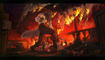 accessory after_fight anthro blood blood_on_clothing blood_on_face blood_on_object blood_on_sword blood_on_weapon bodily_fluids boots cannon clothed clothing death ear_piercing fire foot_on_neck footwear fully_clothed fur glowing glowing_eyes group gun hair hair_accessory hair_ring handgun hat headgear headwear holding_gun holding_handgun holding_melee_weapon holding_object holding_pistol holding_ranged_weapon holding_sword holding_weapon kerchief male melee_weapon naval_uniform night on_ship piercing pirate pistol ranged_weapon rigging rope ship shoes sword tail tricorne trio vehicle watercraft weapon shamerli canid canine felid feline fox mammal rodent 2024 digital_media_(artwork) hi_res signature