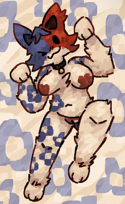 anthro areola arm_tattoo bell bell_collar blush blush_lines brown_areola collar female flower_tattoo fluffy fur genitals multicolored_body multicolored_fur multicolored_vulva nude one_eye_closed one_leg_up paw_pose paws pose raised_leg solo standing tattoo vulva scaliescum epic_games fortnite cate_meowdy calico_cat domestic_cat felid feline felis mammal aliasing digital_media_(artwork) hi_res
