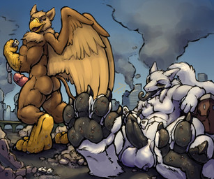 abs anthro balls beak biceps black_tongue bodily_fluids brown_body building building_destruction city city_background city_destruction cityscape claws destruction duo erection extreme_size_difference feathered_wings feathers feet genital_fluids genitals humanoid_genitalia humanoid_penis macro male muscular muscular_anthro muscular_male nude open_mouth outside pawpads paws pecs penile penis rampage saliva size_difference sky smile tail toe_claws toes tongue tongue_out vehicle vehicle_destruction white_body wings nommz mythology carpo kill_(sergal) avian gryphon mythological_avian mythological_creature sergal