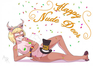 accessory anthro antlers blonde_hair blush blush_lines breasts brown_body brown_fur clothing confetti convenient_censorship eyelashes eyes_closed female freckled_face freckled_hips freckled_shoulders freckles fur glistening glistening_breasts hair hat headband headband_only headgear headwear holidays hooves horn long_eyelashes lying nude nude_female on_side party_popper photo_shoot pose scut_tail short_tail simple_background smile solo spots spotted_face spotted_hips spotted_shoulders tail top_hat white_background aarondrawsarts happy_nude_deer new_year kello_(lewdles) deer mammal 2026 hi_res pinup signature nonbinary_(lore) trans_(lore)