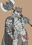 anthro armor axe balls bodily_fluids bottomless cape clothed clothing erection genital_fluids genitals humanoid_genitalia humanoid_penis looking_at_viewer male melee_weapon penis precum solo weapon pockyrumz iotran bruin bear mammal hi_res