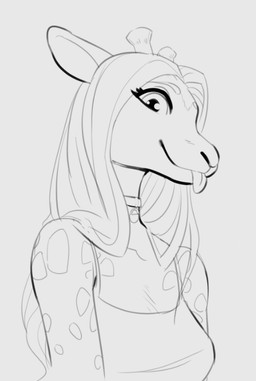 anthro blep clothed clothing collar collar_tag eyelashes female hair horn long_hair ossicone simple_background solo tongue tongue_out topwear ferimaaa raffe_(alyxalyx) giraffe giraffid mammal 2025 bust_portrait digital_media_(artwork) monochrome portrait sketch