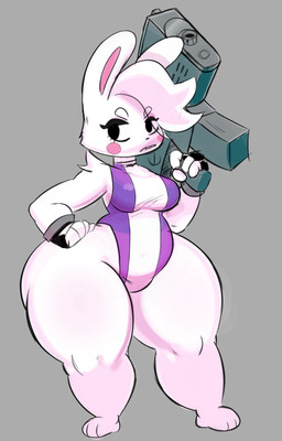 anthro blush blush_stickers cigarette clothing female gloves gun handwear leotard ranged_weapon shortstack shortstack_female solo weapon saltyseaskunk candy_mcgee lagomorph leporid mammal rabbit hi_res