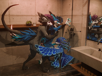 4_ears anal animal_genitalia animal_penis anthro erection feathered_wings feathers fellatio fur genitals group group_sex knot male male/male male_penetrated male_penetrating multi_ear nude oral paws penetration penile penis sex smile tail threesome trio winged_arms wings endoras endoras_(character) meiru_deuzear avali avian canid canine deuzear mammal rexouium 3d_(artwork) 4:3 absurd_res blender_(artwork) digital_media_(artwork) hi_res